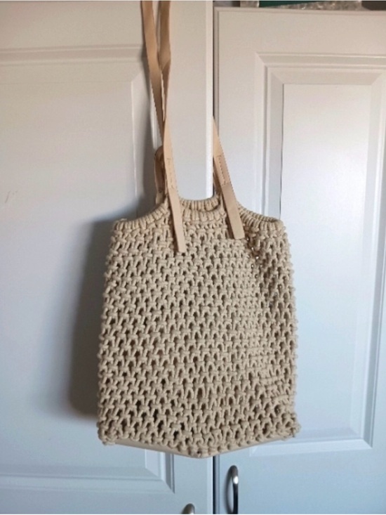 Zara Handbags - Zara Beige Crochet Tote with Leather Straps